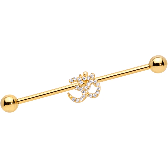Gold Crystal Om Industrial Barbell โจ