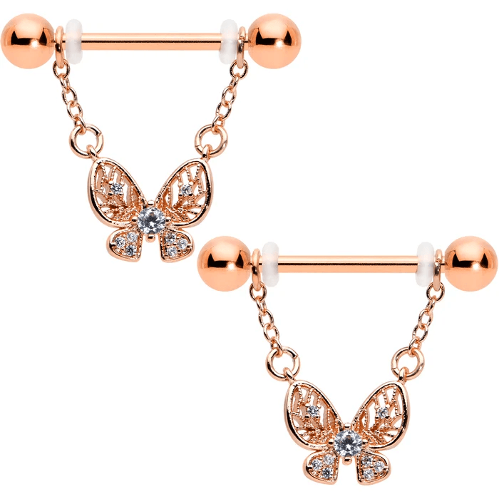 Rose Gold Butterfly Chain Nipple Rings ๐ฆโจ